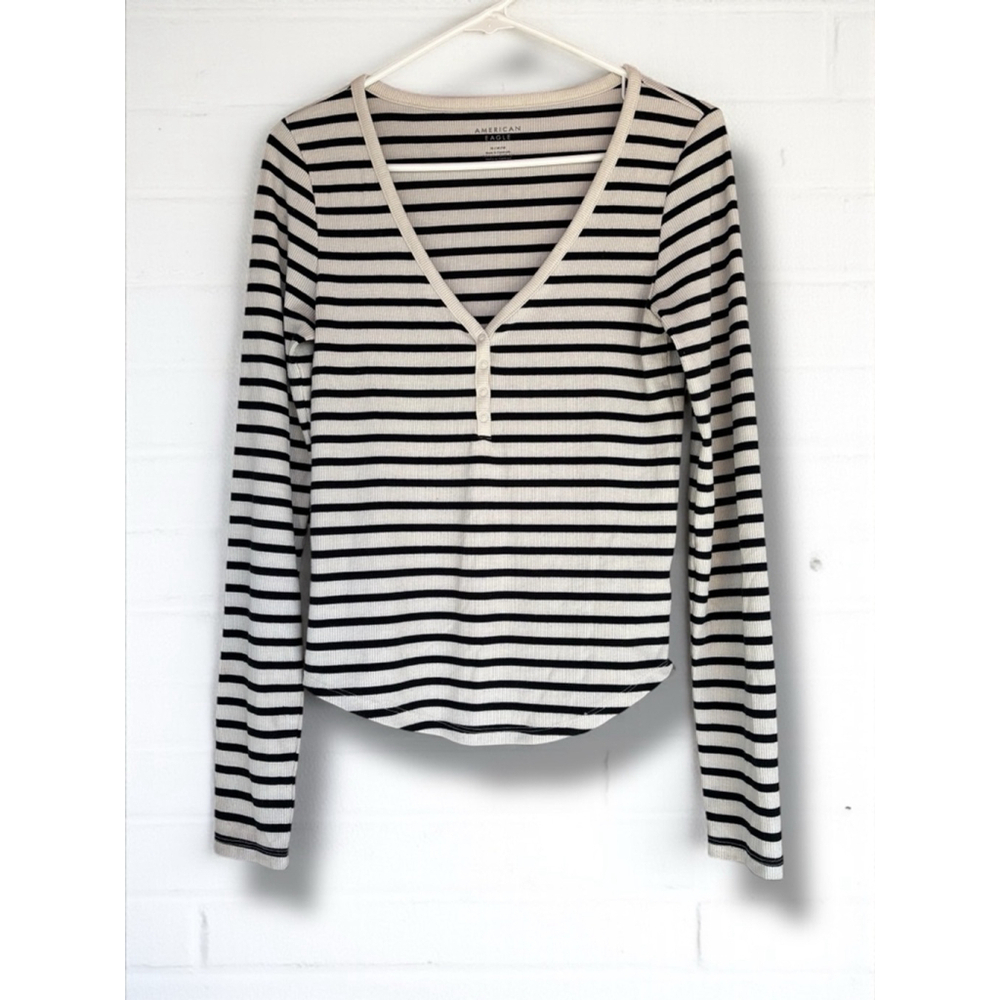 American Eagle Womens Medium White & Black Striped Long Sleeve Henley Ribbed Top